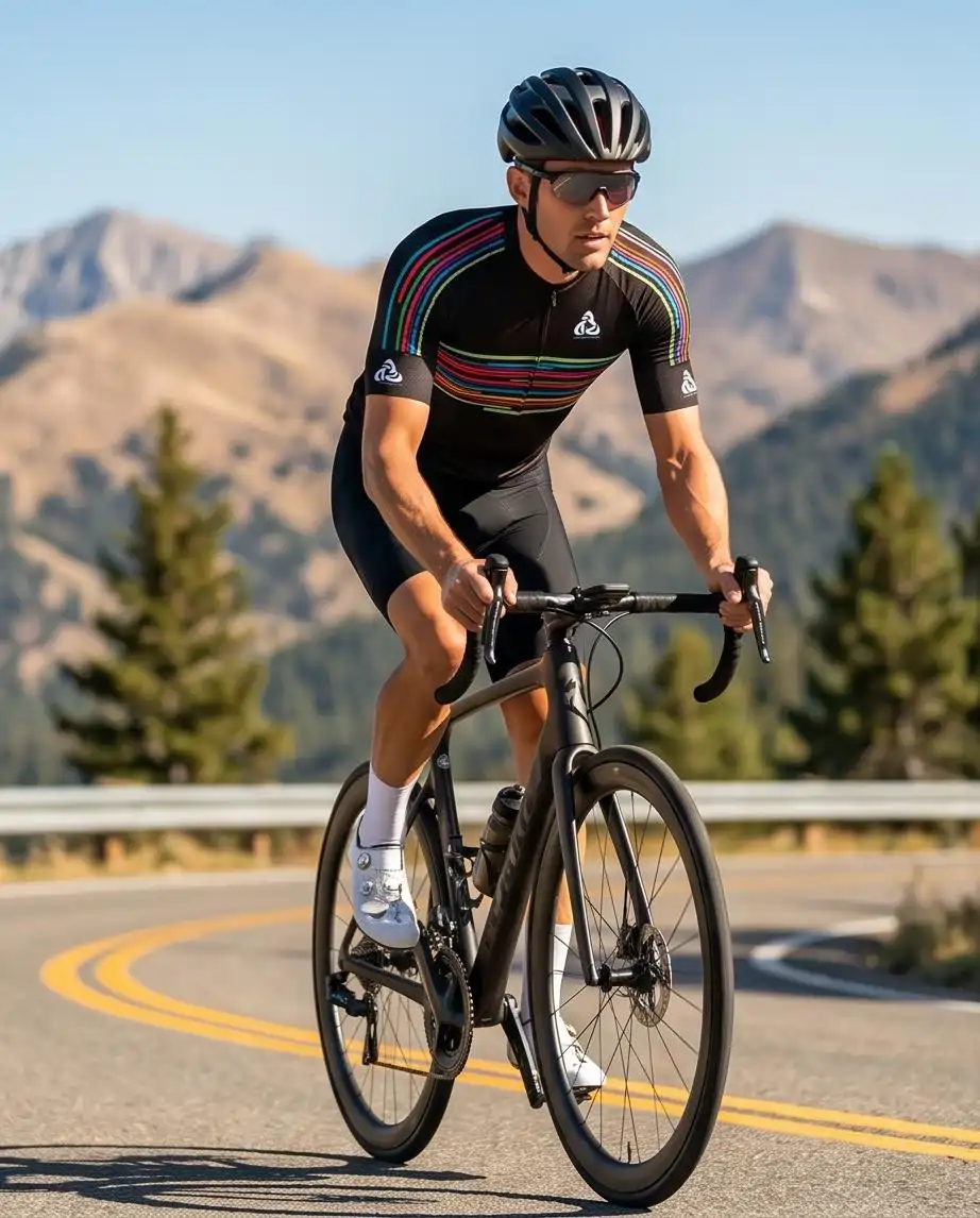 Ciclista mountain bike con abbigliamento tecnico TRE A Sportswear